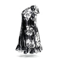 Wilma SH, Women's Hand-Dyed Black & White Floral One-Shoulder Batik Cotton Midi Dress