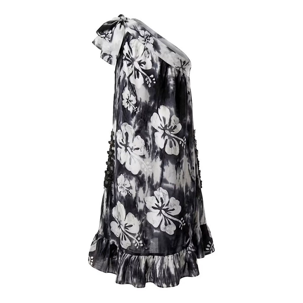Wilma SH, Women's Hand-Dyed Black & White Floral One-Shoulder Batik Cotton Midi Dress
