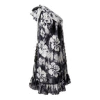 Wilma SH, Women's Hand-Dyed Black & White Floral One-Shoulder Batik Cotton Midi Dress
