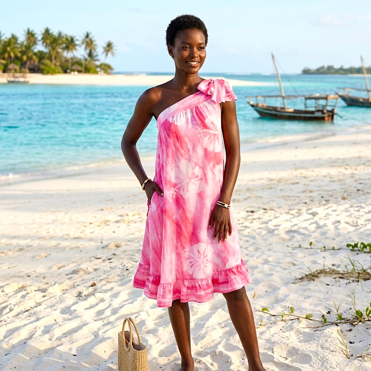 Wilma SH, Women's Hand-Dyed Pink Floral One-Shoulder Batik Cotton Midi Dress