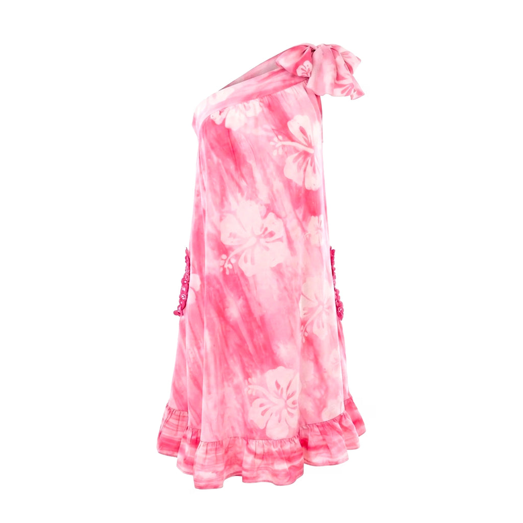 Wilma SH, Women's Hand-Dyed Pink Floral One-Shoulder Batik Cotton Midi Dress