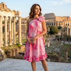 Wilma SH, Women's Hand-Dyed Pink Floral One-Shoulder Batik Cotton Midi Dress