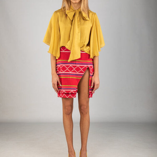ADA, Mustard elegant silk blouse with bow tie neck