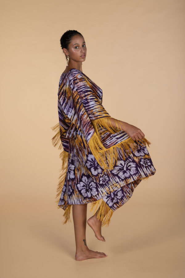 DARIA, Brown V neck kaftan with fringes - Image 4