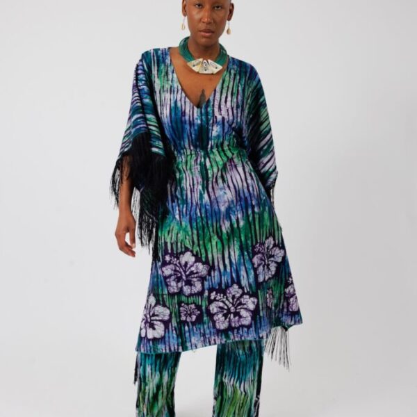 DARIA, Green V neck Batik kaftan with fringes