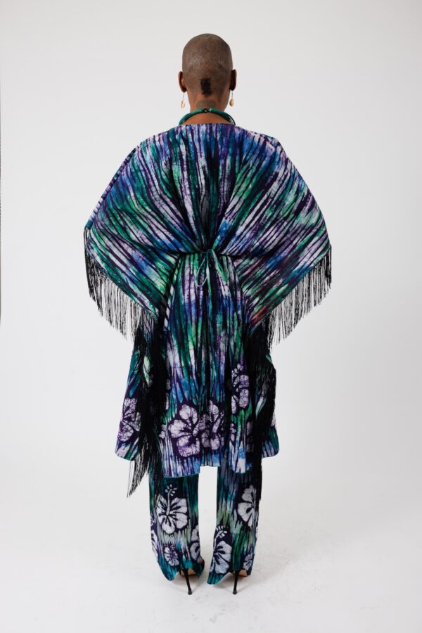 DARIA, Green V neck Batik kaftan with fringes - Image 2