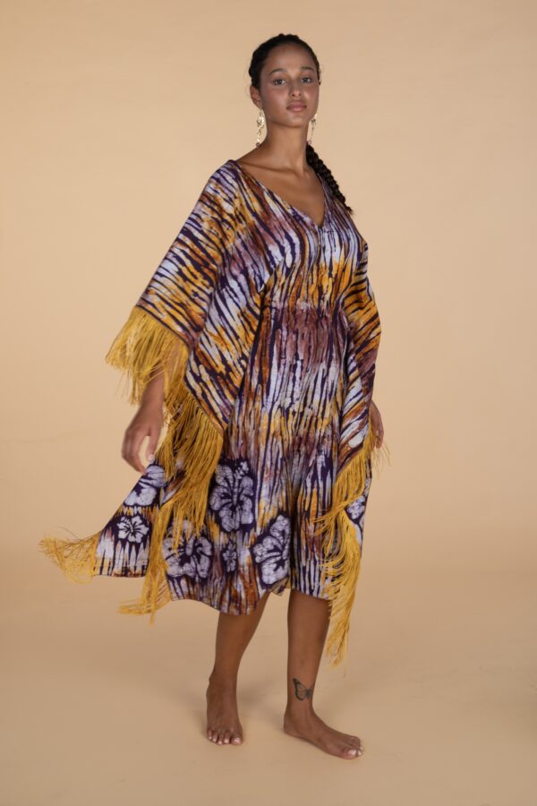 DARIA, Brown V neck kaftan with fringes - Image 5