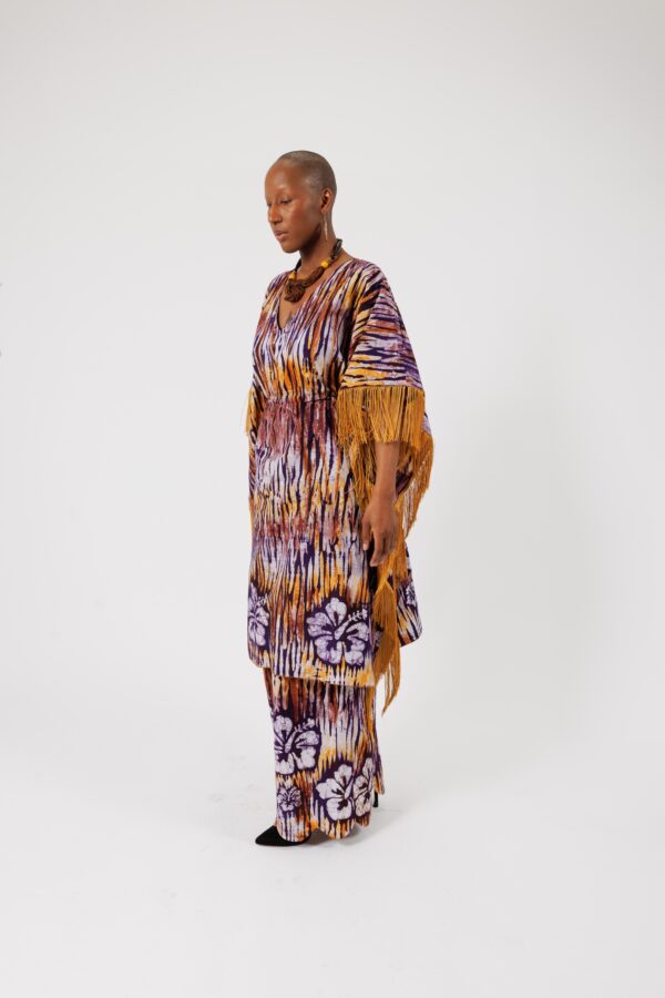 DARIA, Brown V neck kaftan with fringes - Image 2