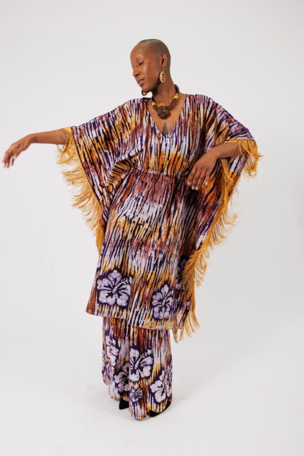 DARIA, Brown V neck kaftan with fringes