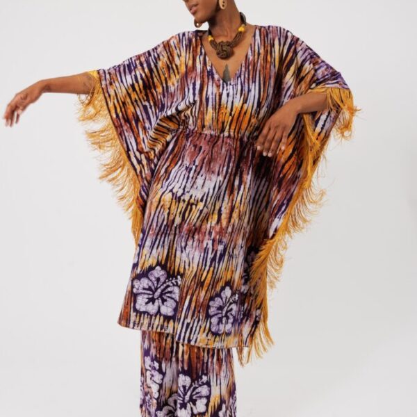 DARIA, Brown V neck kaftan with fringes