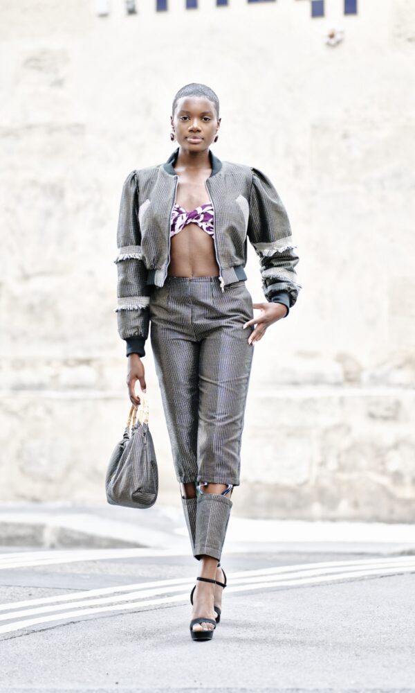 LANA, Greyish adjustable mid-waist pencil trousers