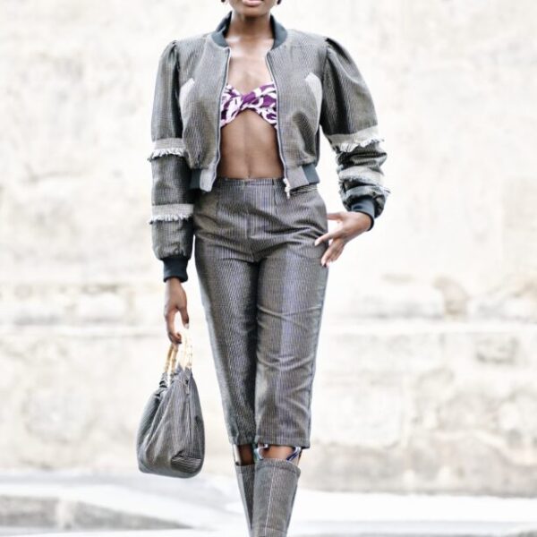 LANA, Greyish adjustable mid-waist pencil trousers