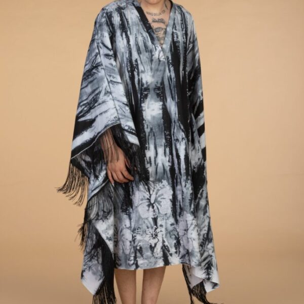 DIDI, Grey V neck kaftan with Fringes