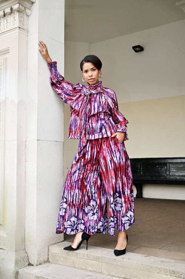 FRIDA, Burgundy wide-leg batik trousers