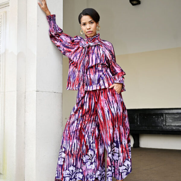 FRIDA, Burgundy wide-leg batik trousers