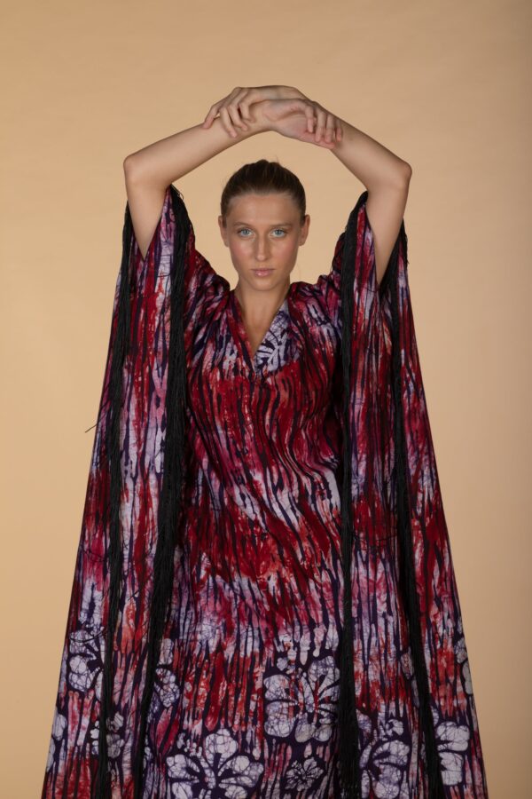 DIDI, Red V neck kaftan with Fringes - Image 4