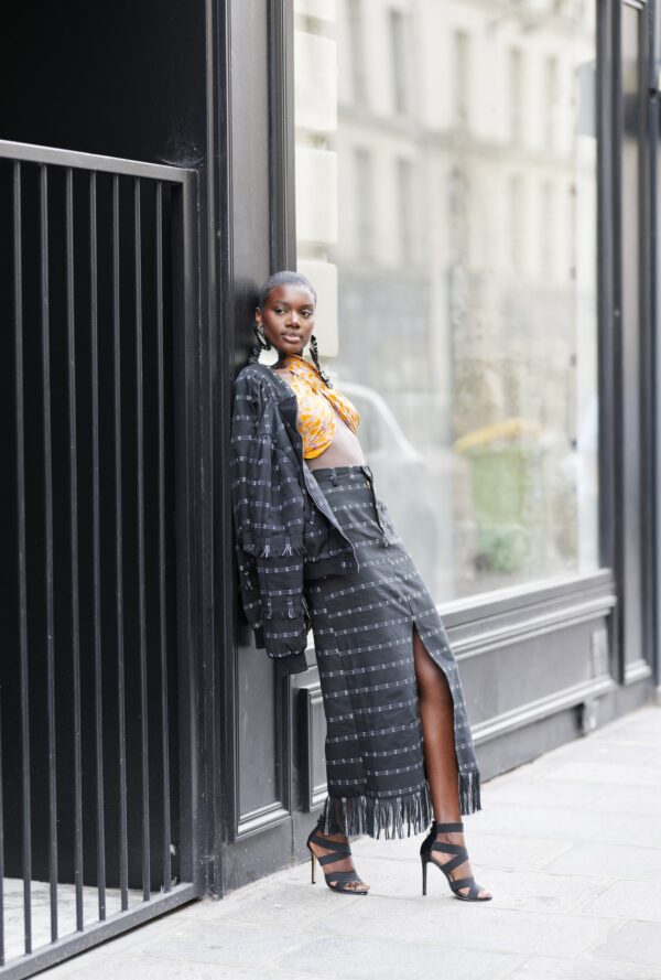 AMINA, BW Kente pencil skirt with front slit