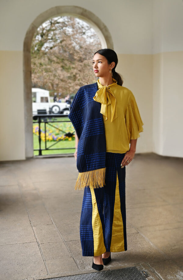 ADA, Mustard elegant silk blouse with bow tie neck - Image 3