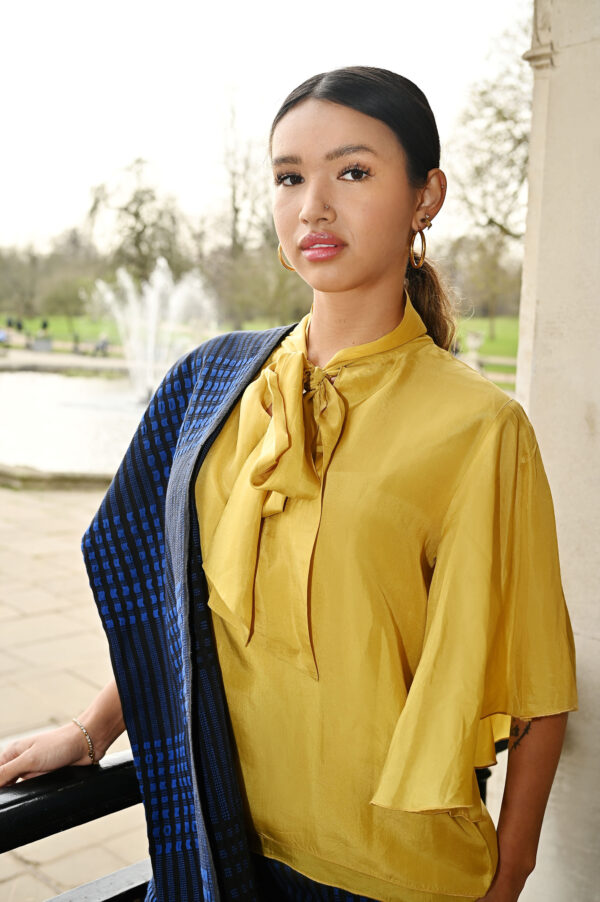 ADA, Mustard elegant silk blouse with bow tie neck - Image 4