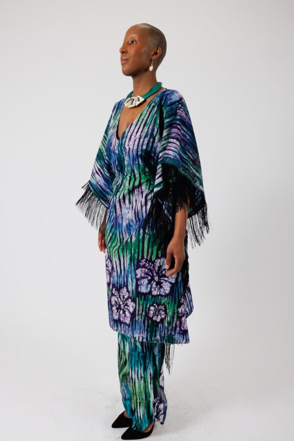 DARIA, Green V neck Batik kaftan with fringes - Image 3
