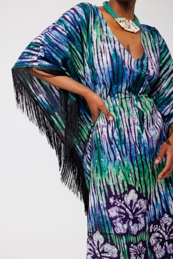 DARIA, Green V neck Batik kaftan with fringes - Image 4